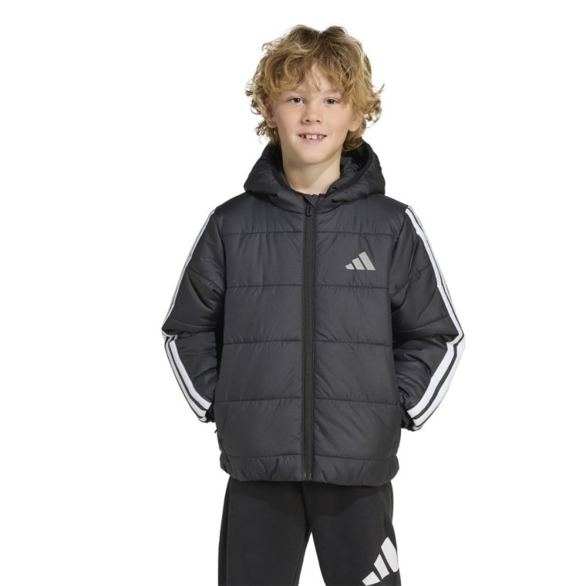 adidas Kids' Essentials 3-Stripes Water-Repellent Long Sleeve Puffer Jacket Black/White