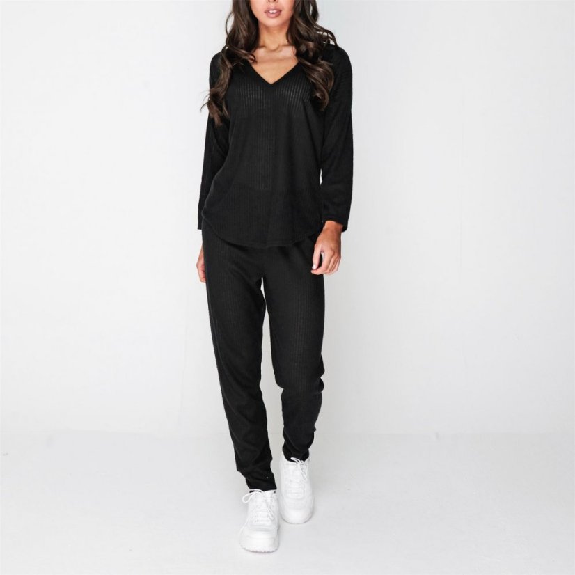 Linea Slouchy Textured V Neck Top and Joggers Loungewear Set Black