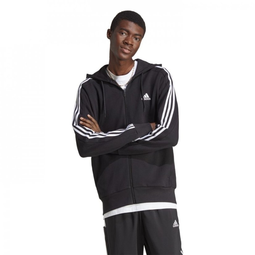 adidas Essentials French Terry 3-Stripes Zip Hoodie Mens Black/White