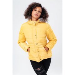 Hype Women's Fur Trim Insulated Compact Fit Short Puffer Jacket Mustard