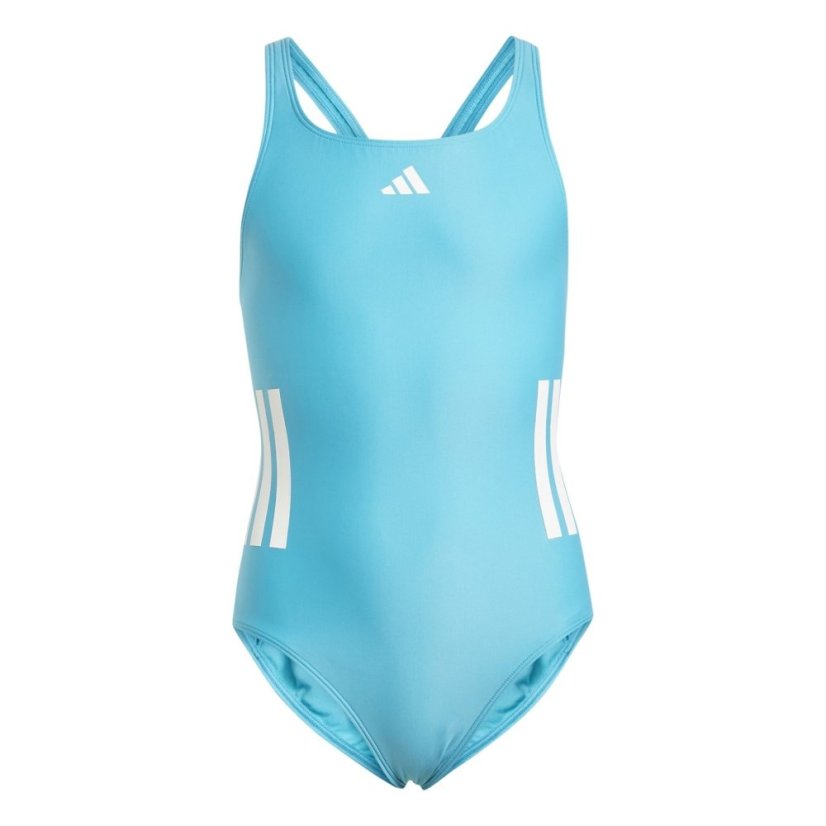 adidas Three Stripe Swimsuit Junior Girls Cyan/White