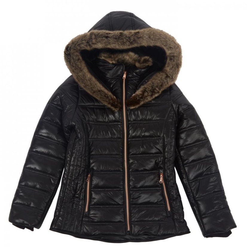 Firetrap Junior Girls' Luxe Bubble Jacket with Fur-Trimmed Hood Black