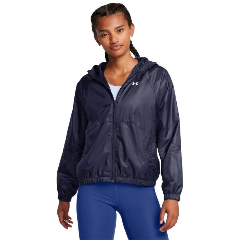 Under Armour Women's Rival Sport Water Resistant Wind Resistant Long Sleeve Hooded Oversized Fit Windbreaker Blue