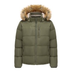 SoulCal Mens 2 Zip Bubble Faux Fur Trim Fleece Lined Short Puffer Jacket Khaki