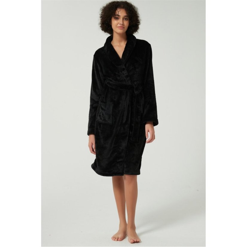 Linea Plain Fleece Dressing Gown Black