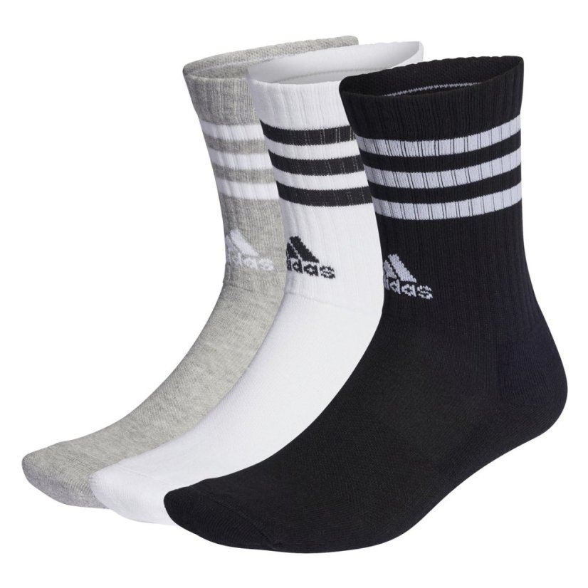 adidas Cushioned 3 Stripe Crew Sock 3 Pack Juniors Grey/Wht/Black