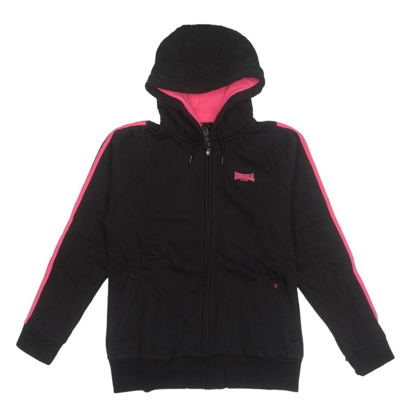 Lonsdale 2 Stripe Ladies Quilted Zip Hoody Black/Fluo Pink