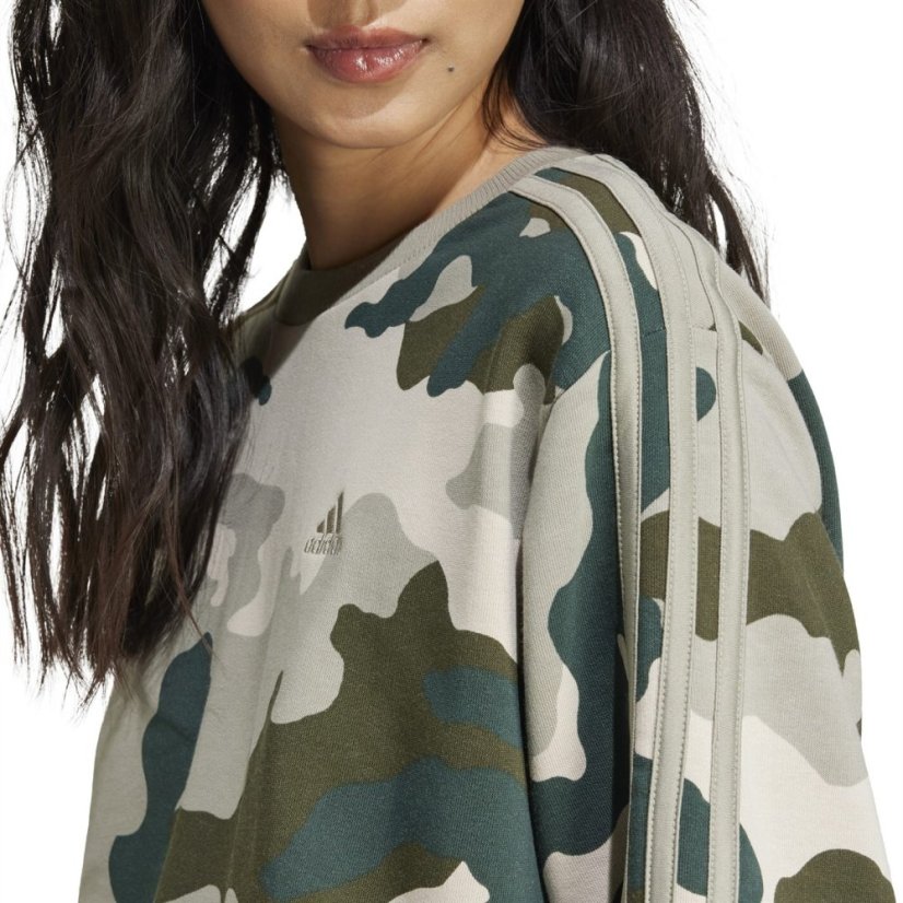 adidas Essentials 3-Stripes Camo-Print Cropped Sweatshirt Silver Pebble