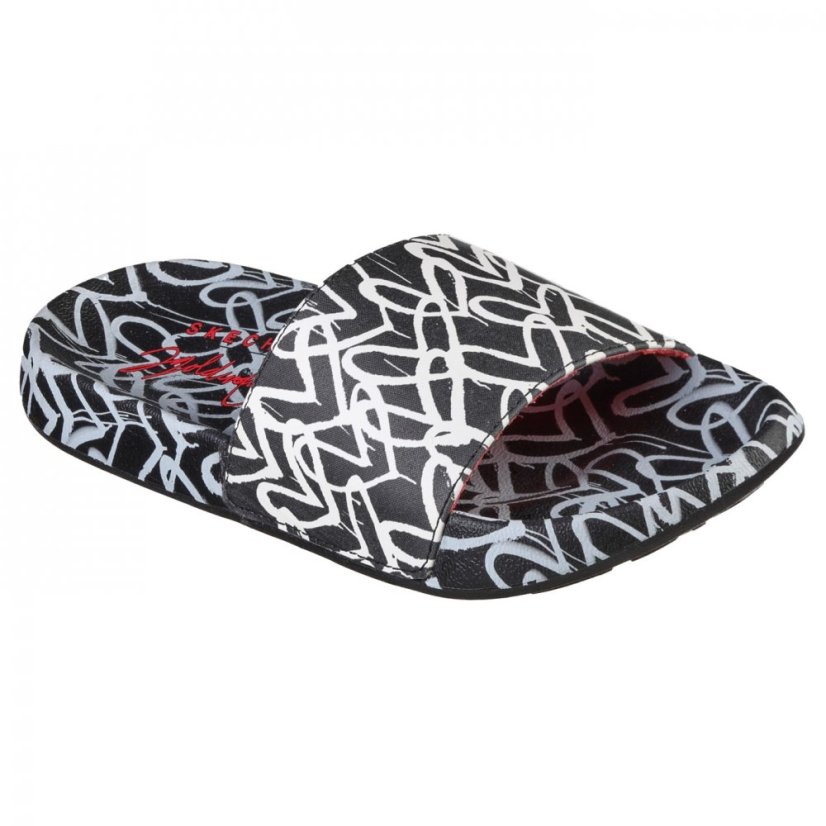 Skechers James Goldcrown Heart Print Slide Sliders Girls Black/White