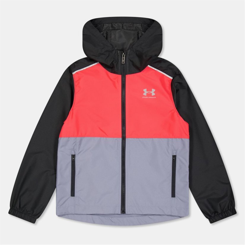 Under Armour Kids' Windbreaker Water-Repellent Windproof Hooded Long Sleeve Rain Anorak Black/Red