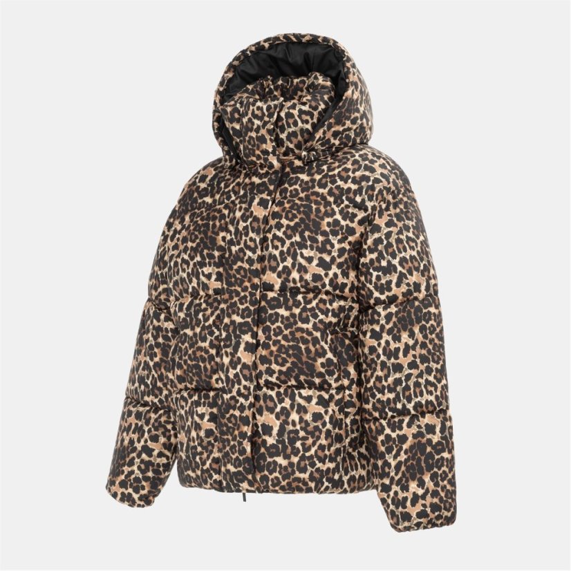 Firetrap Women's Quilted Detachable Hood Long Sleeve Oversized Fit Medium Puffer Jacket Leopard Print