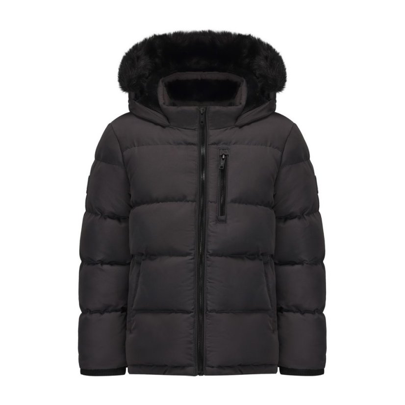 SoulCal Kids' Double Zip Detachable Faux Fur Hood Fleece Lined Short Puffer Jacket Charcoal