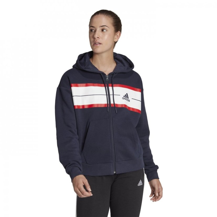 adidas Essentials Pinstripe Block Fleece Full-Zip Loose F dámska mikina Lgnk/Wh/Vvrd