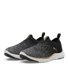 Puma Womens Softride Remi Slip-On Knitted Runners Black/Wht/Gold