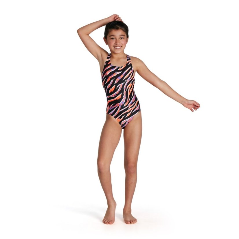 Speedo All Over Medal Print Swimsuit Junior Black/Red