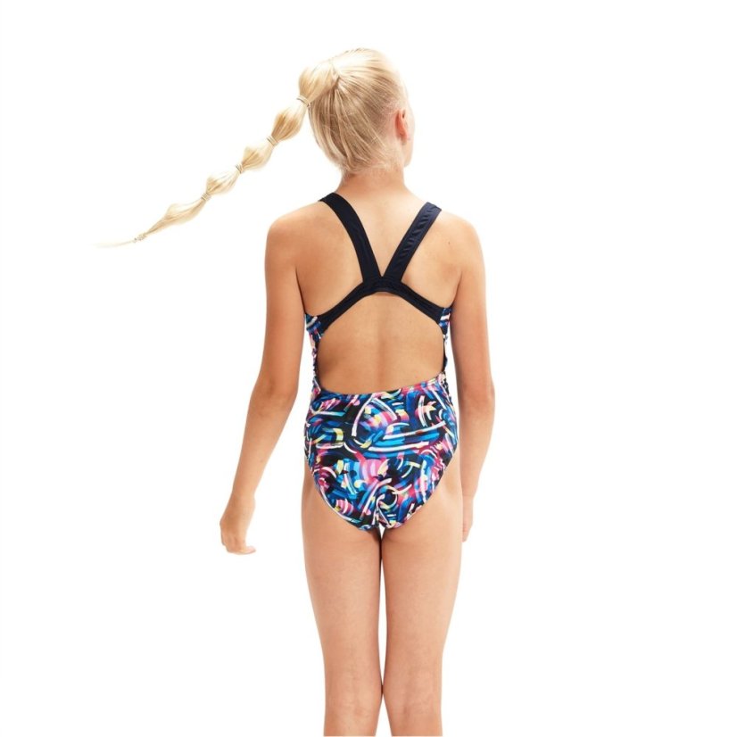 Speedo Allover Leaderback Swimsuit Junior Girls Navy/Blue