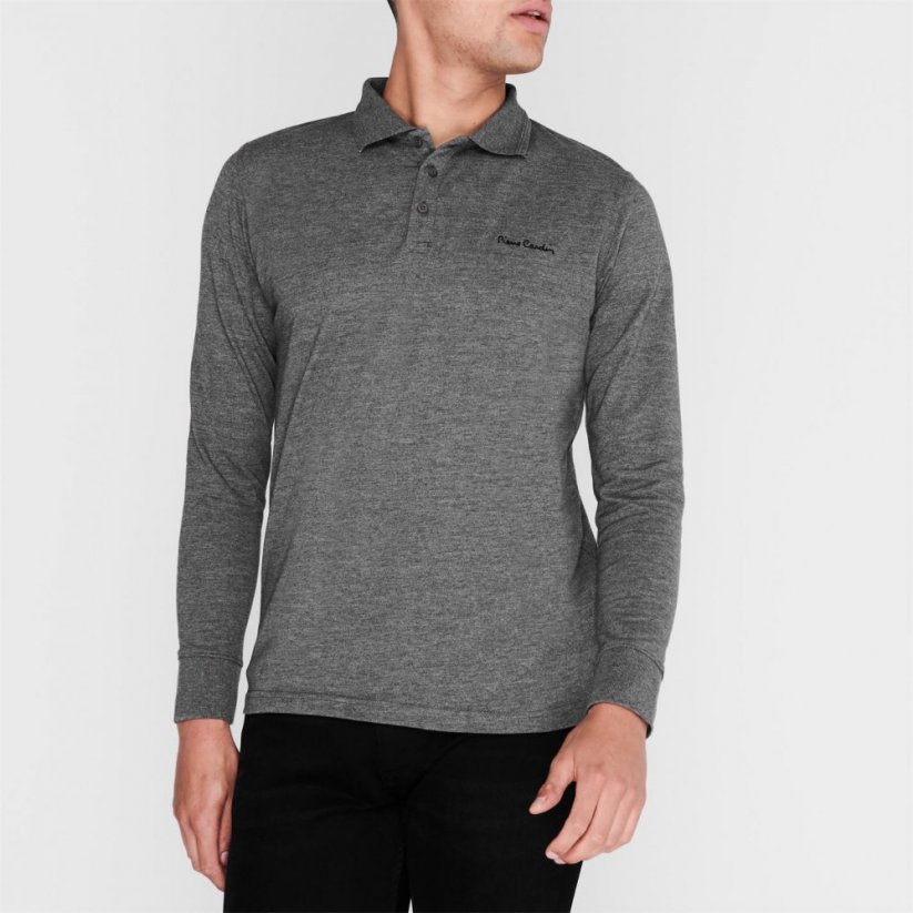 Pierre Cardin Plain Long Sleeve Polo Shirt Mens Charcoal Marl