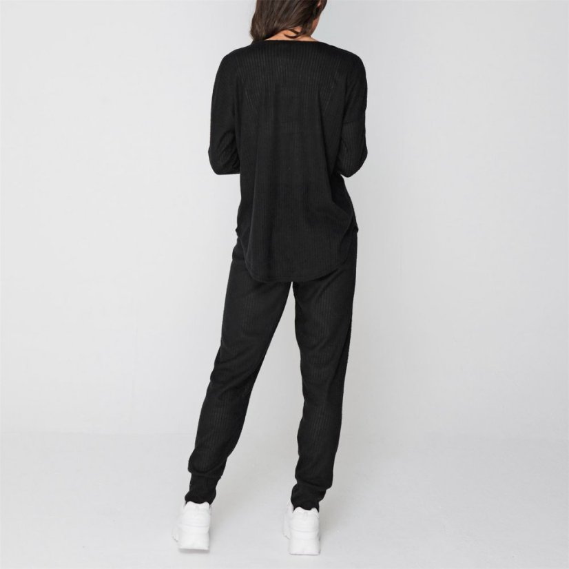 Linea Slouchy Textured V Neck Top and Joggers Loungewear Set Black