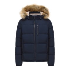 SoulCal Mens 2 Zip Bubble Faux Fur Trim Fleece Lined Short Puffer Jacket Navy