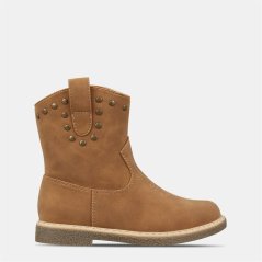 Miso Kids' Jolene Cowboy-Inspired Side Zip Flat Ankle Boots Tan