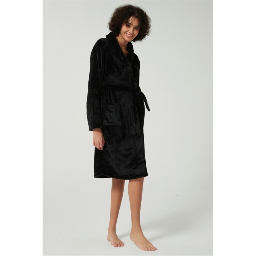 Linea Plain Fleece Dressing Gown Black