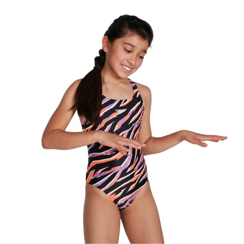 Speedo All Over Medal Print Swimsuit Junior Black/Red