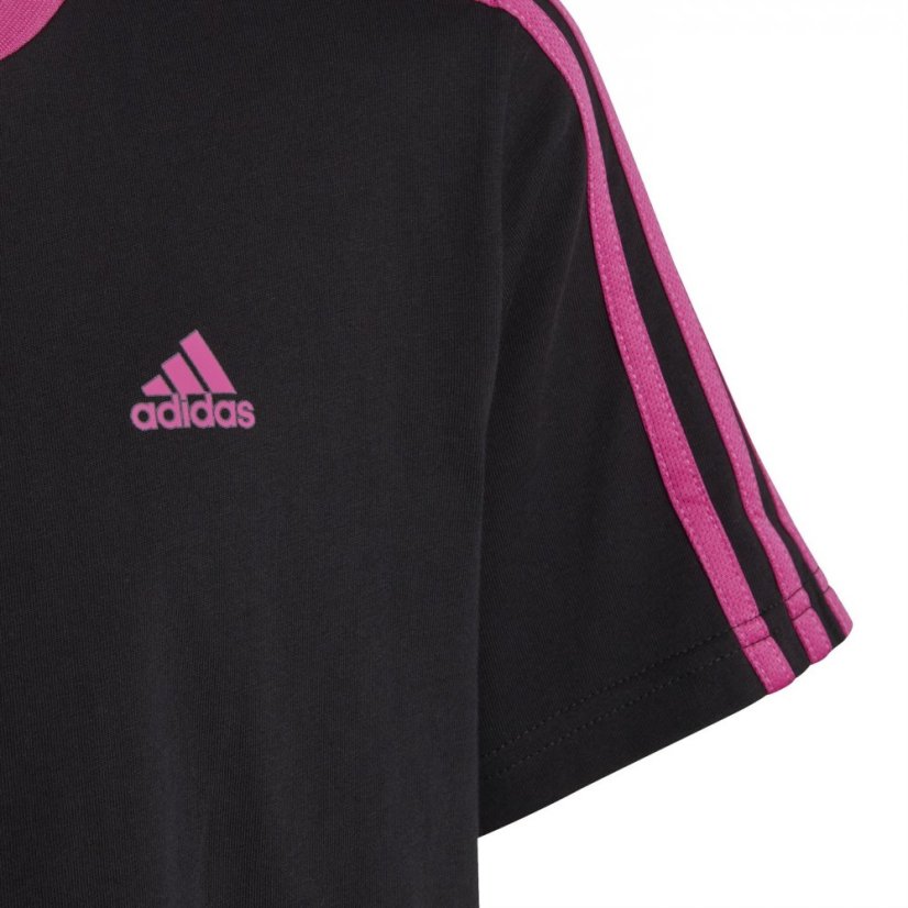 adidas 3 Stripe T Shirt Junior Girls Black/Pink - Veľkosť: 5-6 Years