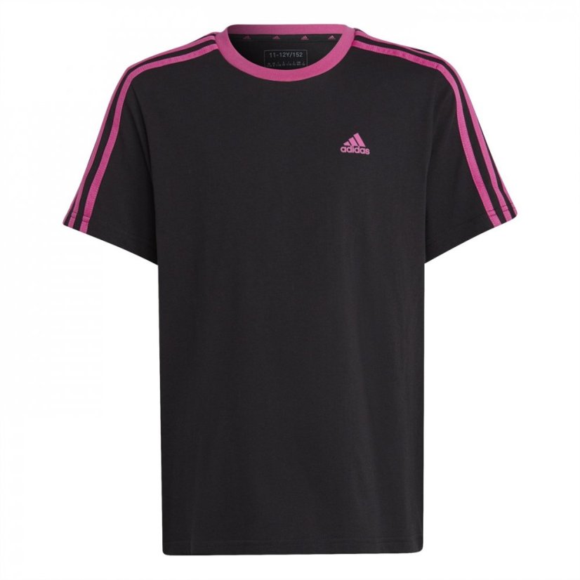 adidas 3 Stripe T Shirt Junior Girls Black/Pink - Veľkosť: 5-6 Years