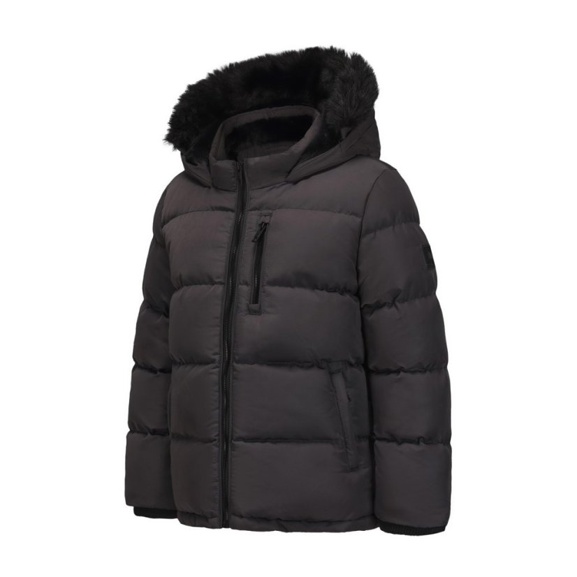 SoulCal Kids' Double Zip Detachable Faux Fur Hood Fleece Lined Short Puffer Jacket Charcoal