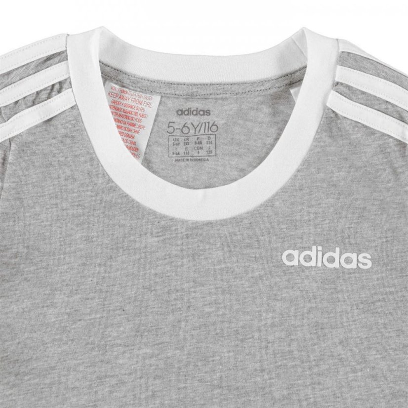 adidas 3 Stripe T Shirt Junior Girls Grey/White - Veľkosť: 5-6 Years