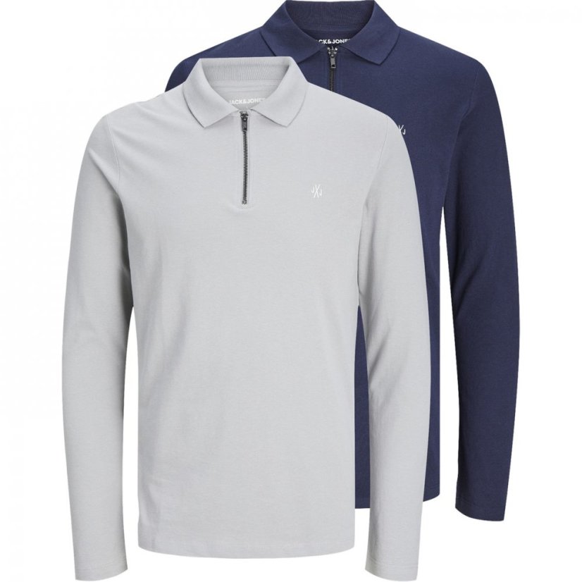 Jack and Jones Long Sleeve Polo Shirt 2 Pack Grey/Navy Blazer