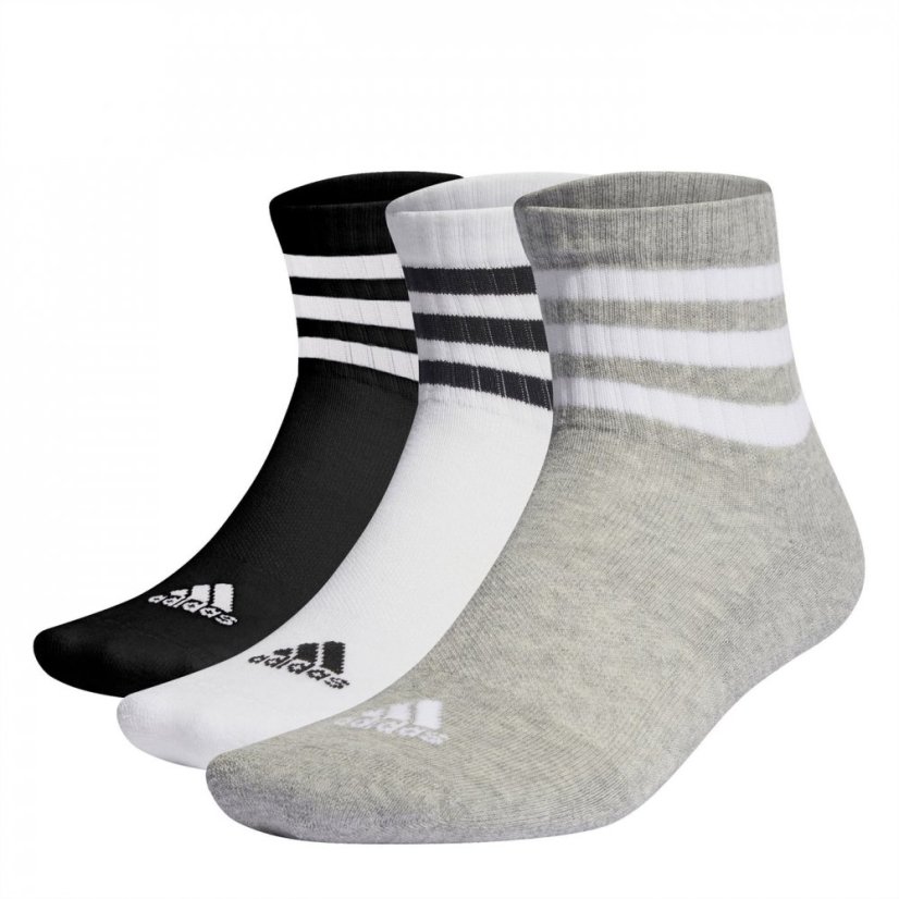 adidas 3 Stripe Quarter Sock 3 Pack Grey/White/Blck - Veľkosť: 6.5-8