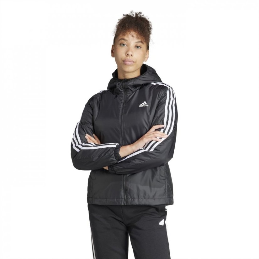 adidas 3 Stripe Essential Hooded Jacket Womens Black/White